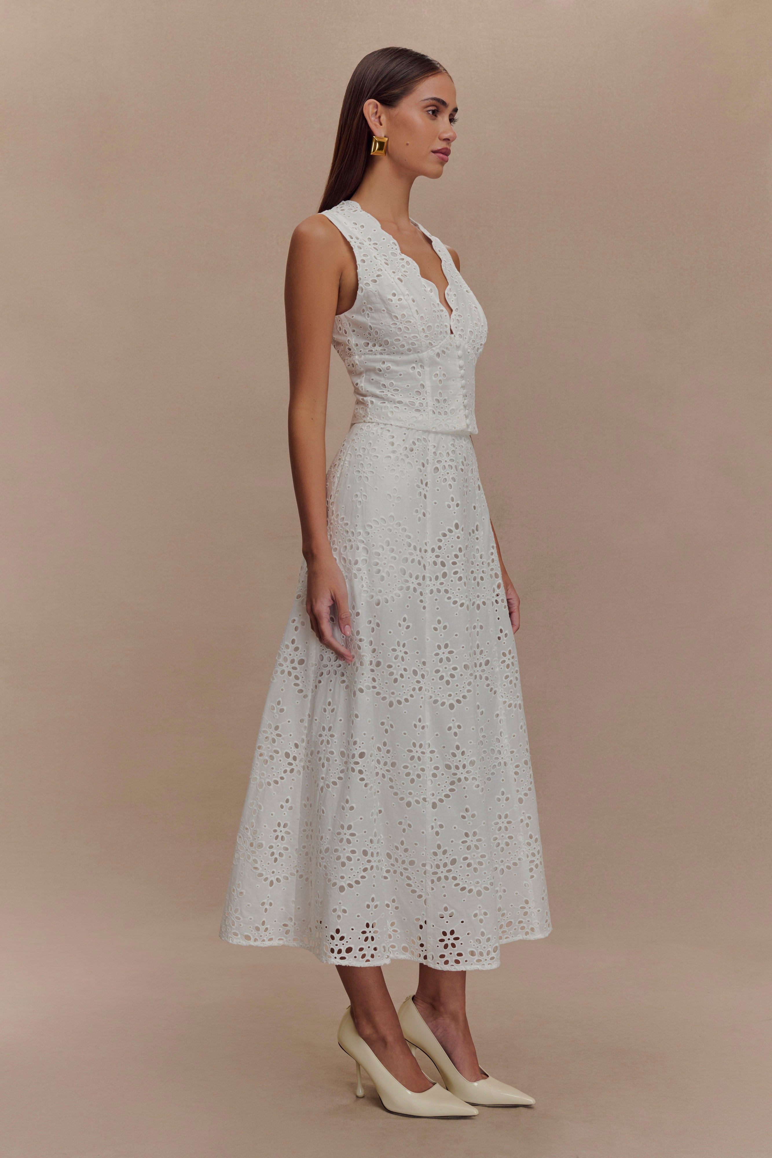 Arla Broderie Midi Skirt - White、mySite、solidvoid