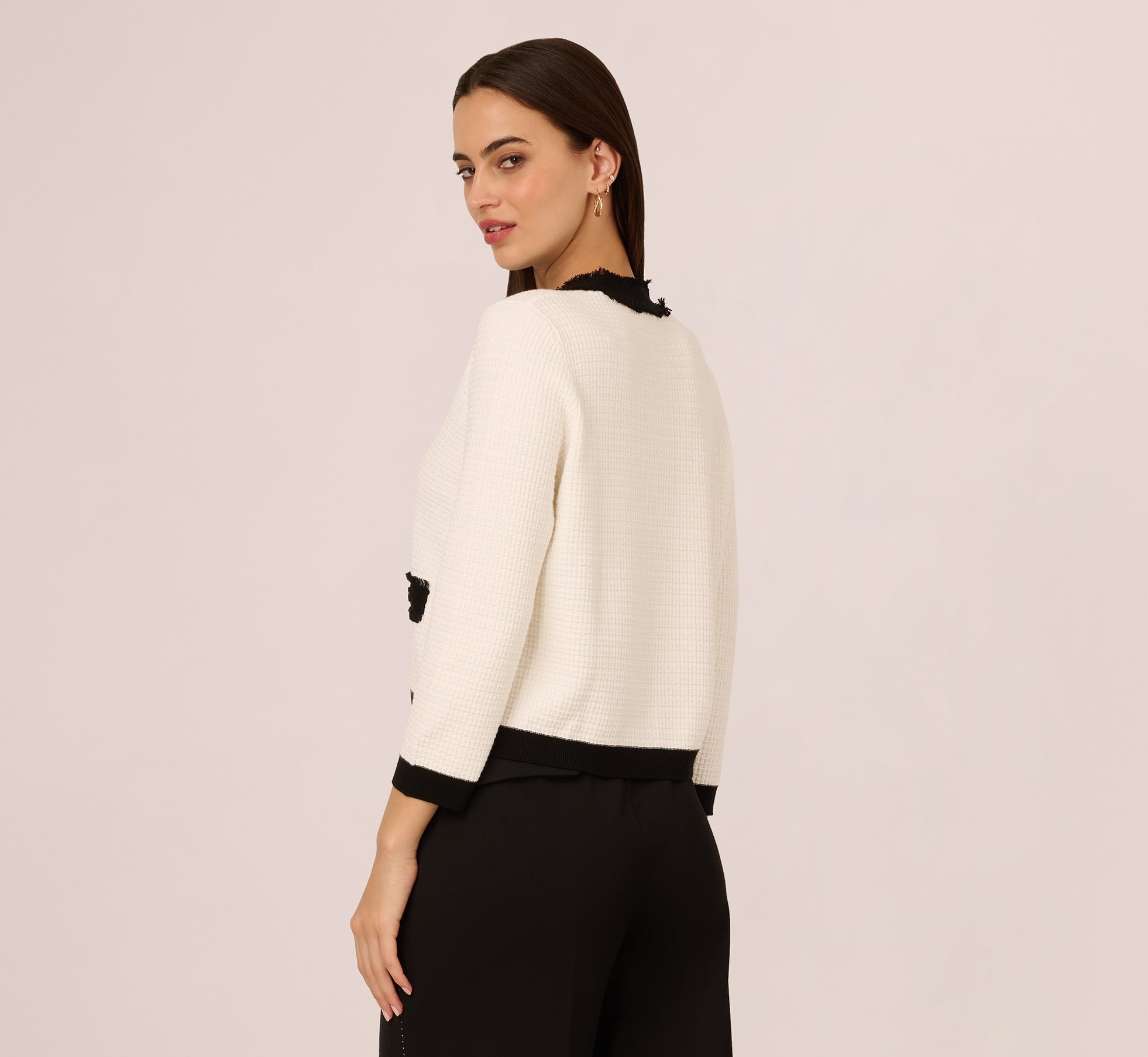 Waffle Knit Fringe Trim Cardigan In Ivory Black、mySite、solidvoid