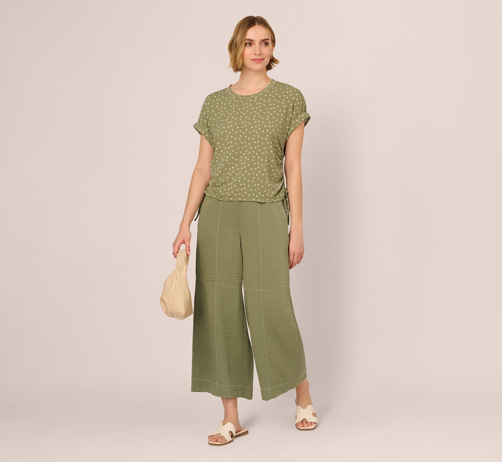 Contrast Stitching Crinkle Midi Pant In Oil Green Ivory、mySite、solidvoid