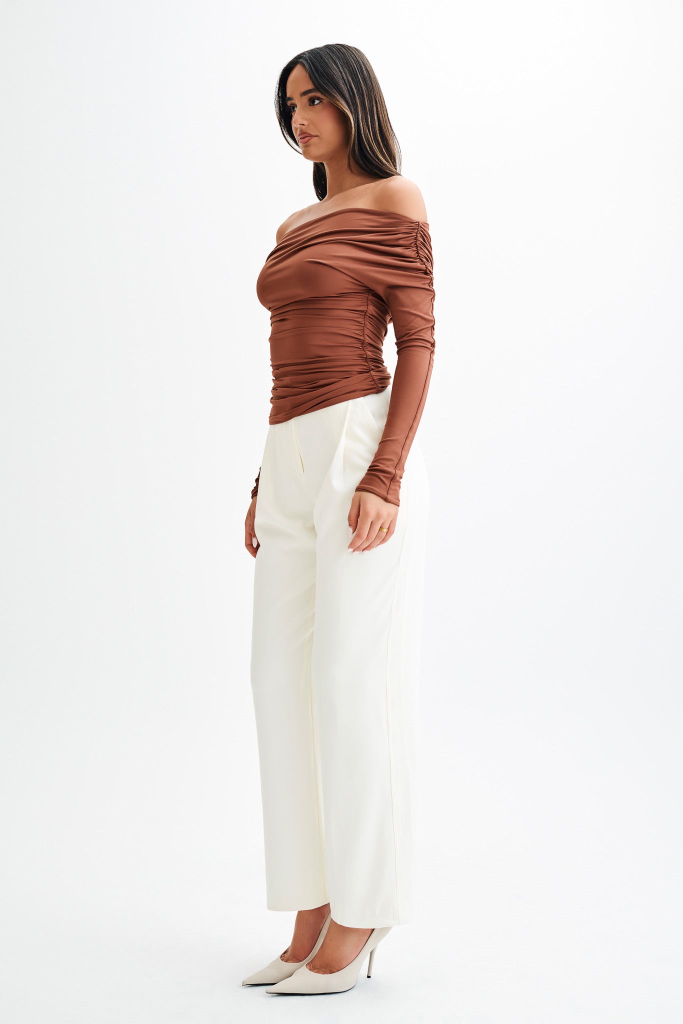 Alayna Long Sleeve Recycled Nylon Ruched Top - Wood、mySite、solidvoid