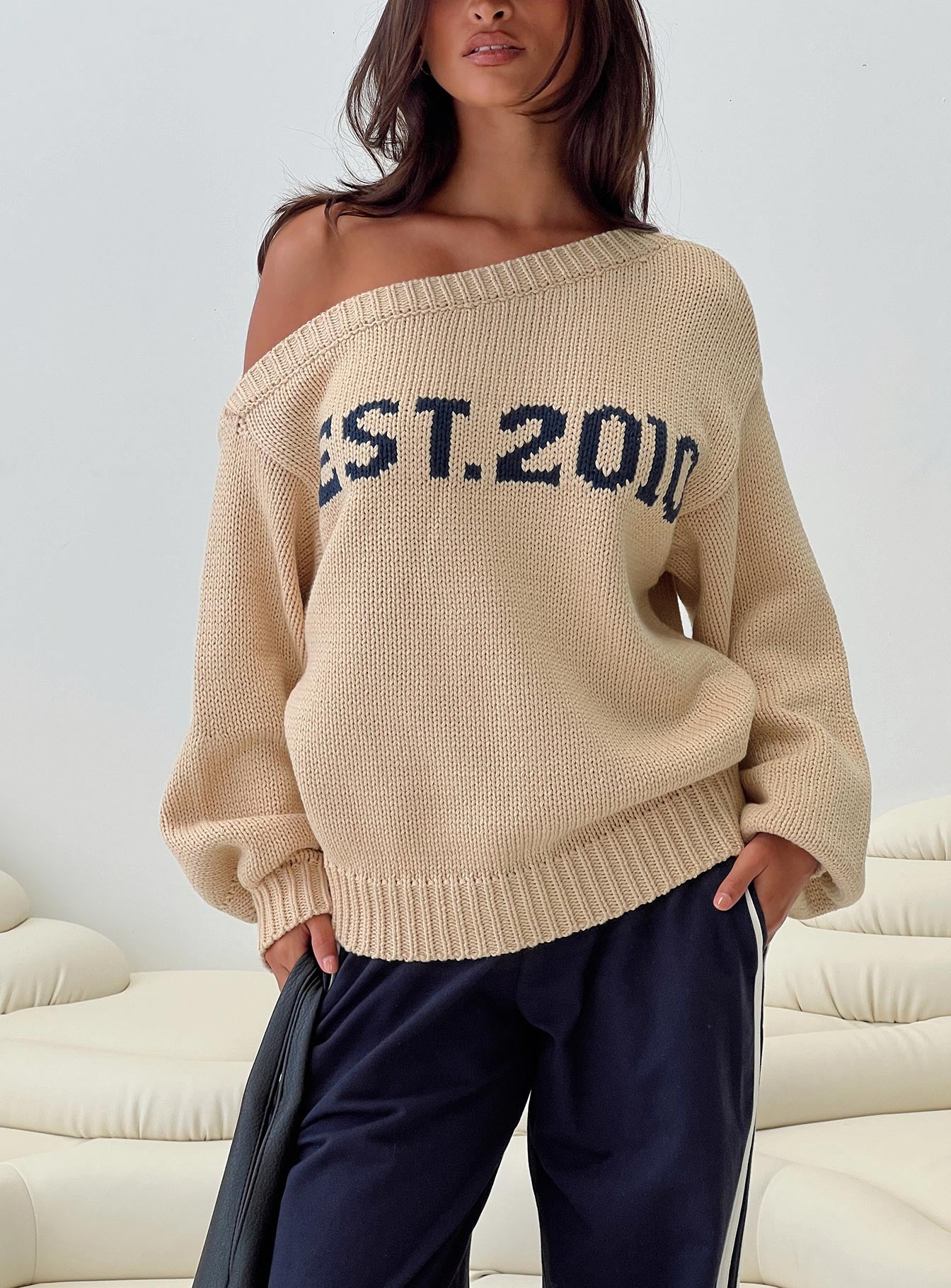 Jadynn Off Shoulder Knit Sweater Cream、mySite、solidvoid