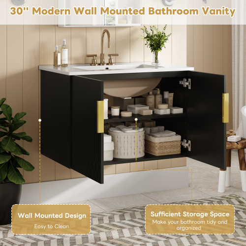 30" Vintage Bathroom Vanity with Ceramic Sink, with 3 Holes Single Ceramic Sink, Bathroom Storage Vanity Cabinet with 2 Soft Closing Doors、、xpatfood