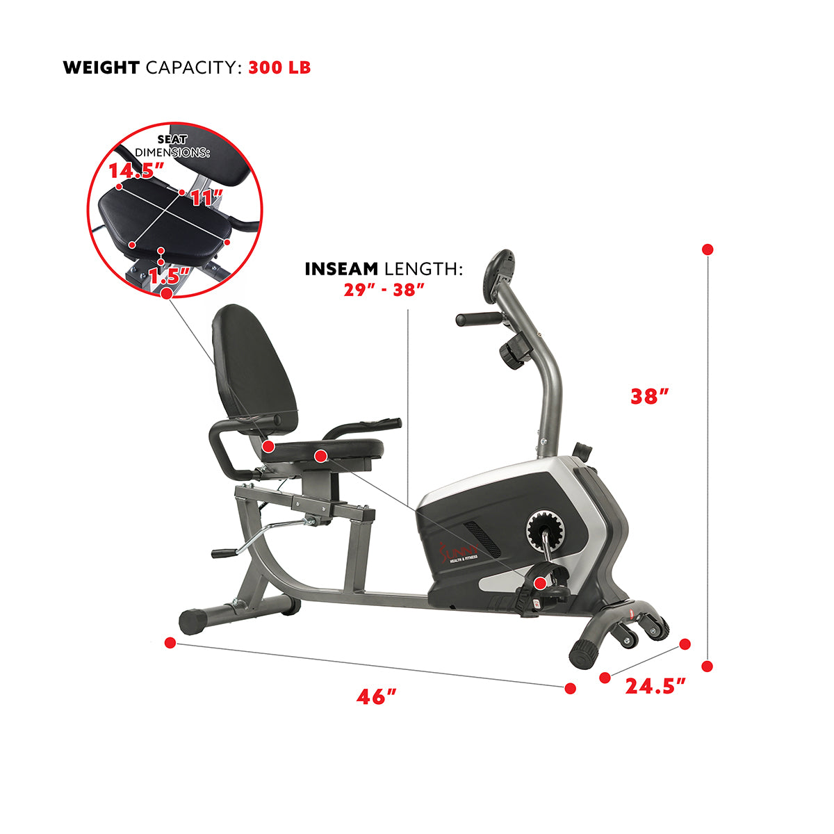  Magnetic Recumbent Exercise Bike, 300 lb Capacity & Adjustable Seat、mySite、ghnorth