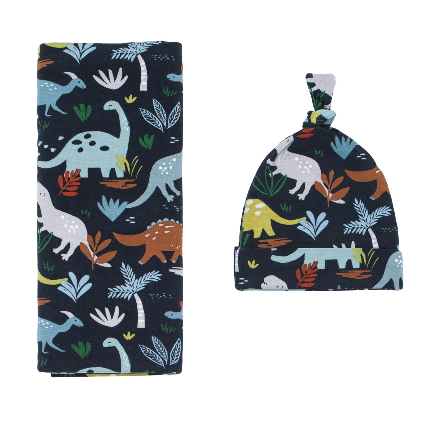 Navy Jurassic Jungle Swaddle + Hat Set、mySite、g9winljtr