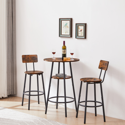 Round bar stool set with shelves, stool with backrest Rustic Brown, 23.6'' Dia x 35.4'' H、、casual