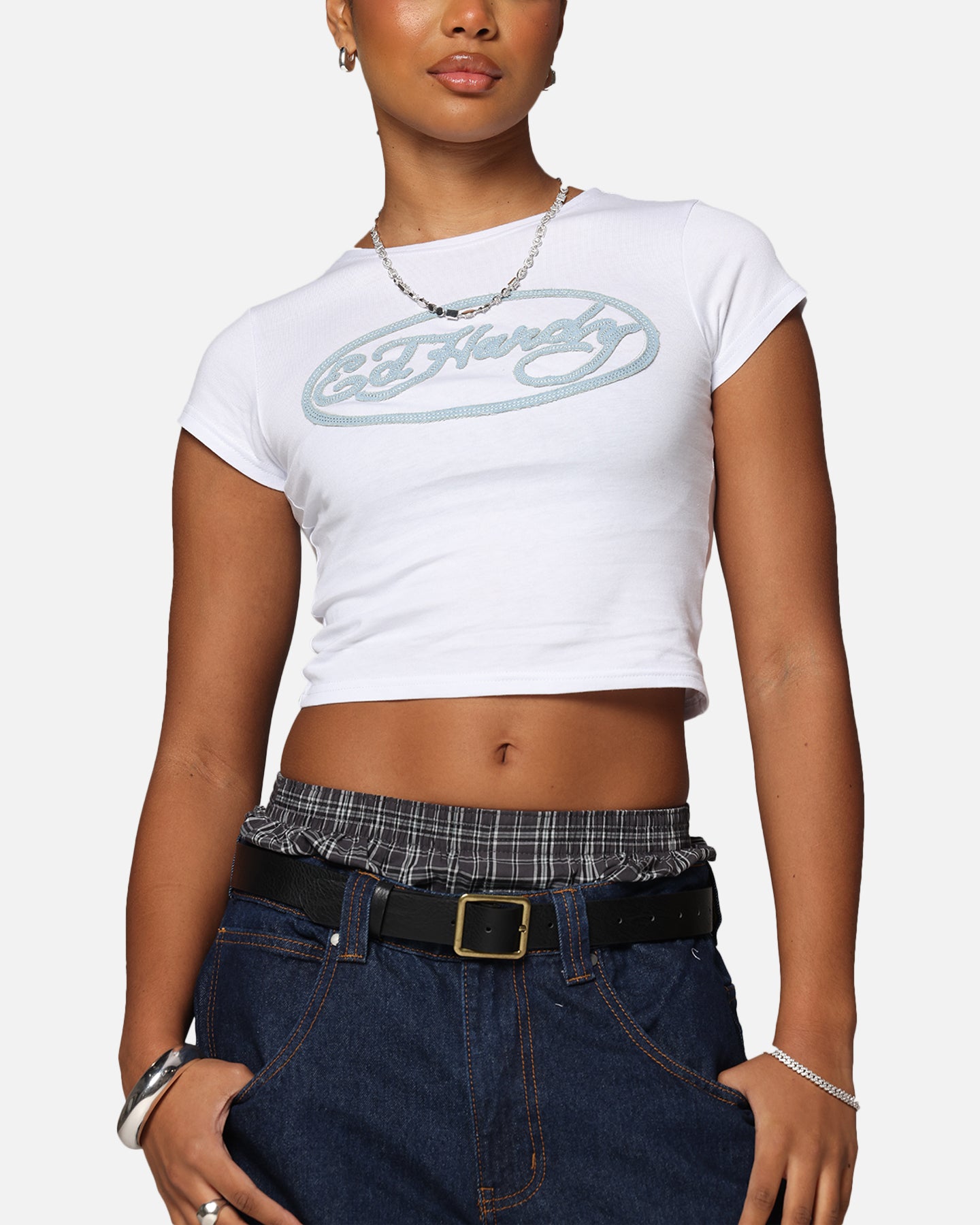 Ed Hardy Women's Distressed Logo Baby T-Shirt White、mySite、zt4zffjzw