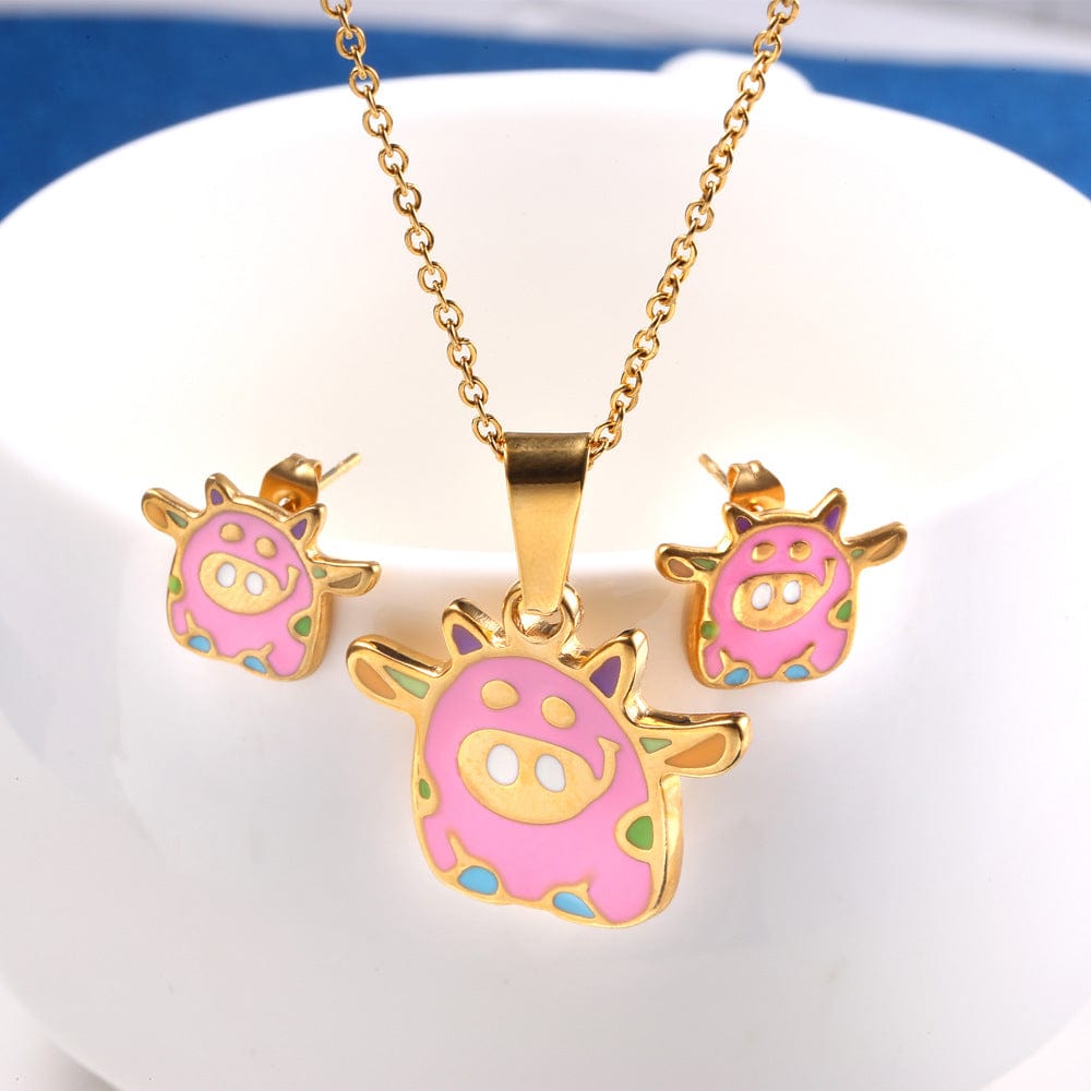 Flying Pink Piggy Jewelry Set Stainless Steel Necklace and Earrings for Girls、mySite、g9winljtr