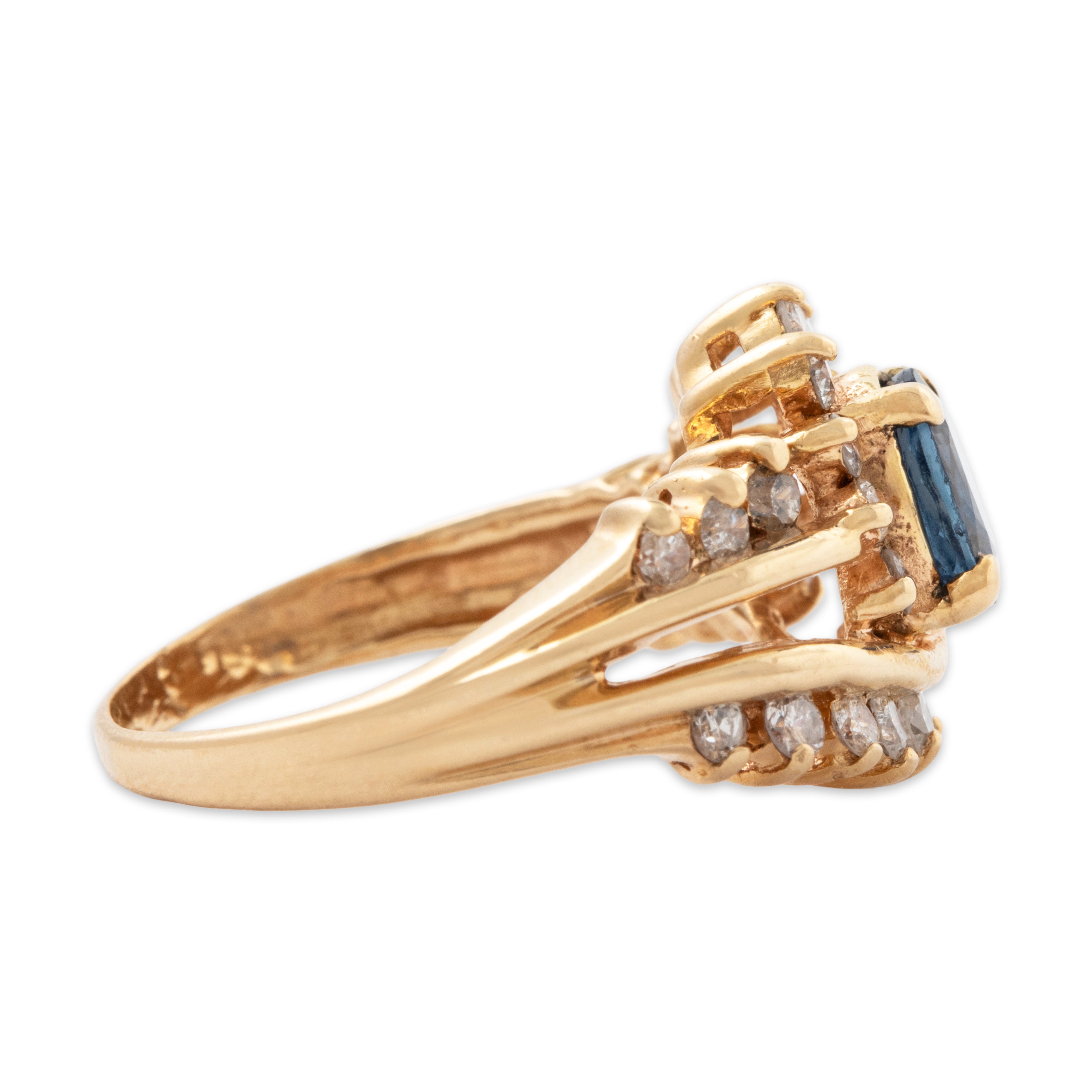 Vintage 14k Yellow Gold Blue Sapphire .656cttw Diamond Swirling Halo Ring、mySite、hinf8tx79