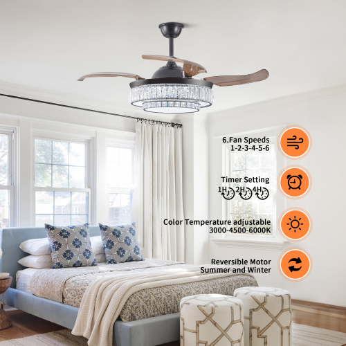 42" Retractable Ceiling Fan with Light, Modern LED Chandelier Fan with Remote Control, 6 Speed Adjustable Blades, Quiet DC Motor, Dimmable Lighting for Living Room, Bedroom, Dining Room、、eastwooduniform