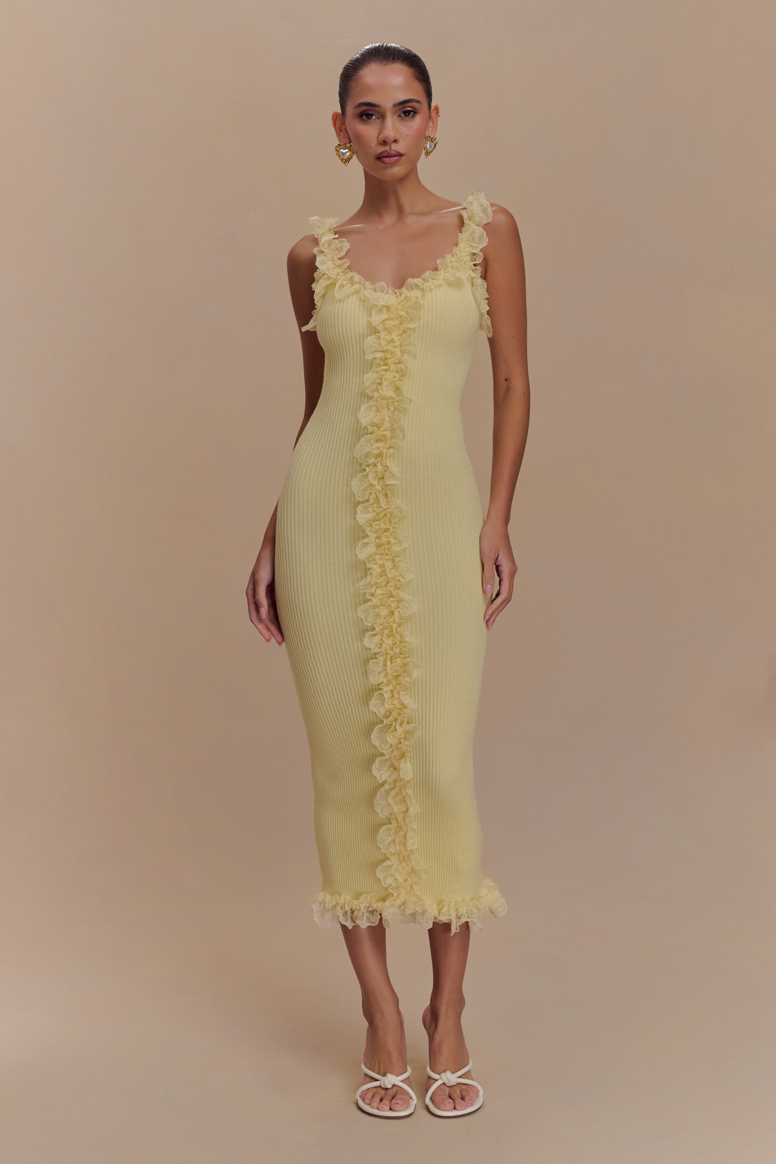 Shay Lace Ruffle Knit Midi Dress - Lemon、mySite、solidvoid