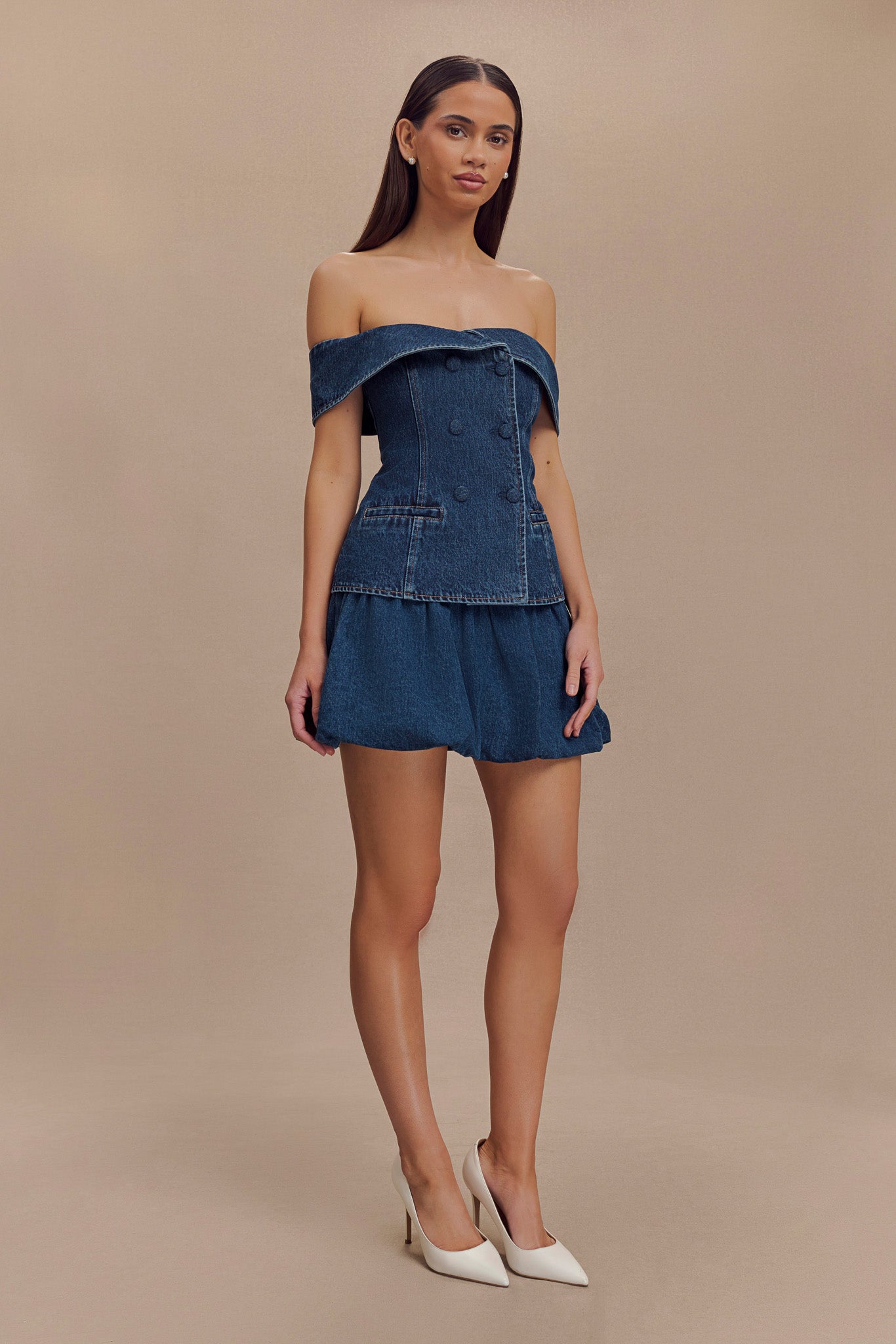 Krista Denim Off Shoulder Top - Dark Blue、mySite、solidvoid