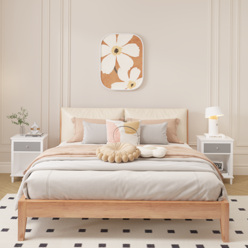 26.77''H Wooden Nightstand with One Drawer One Shelf for Kids, Adults, White+Golden handle、、casual