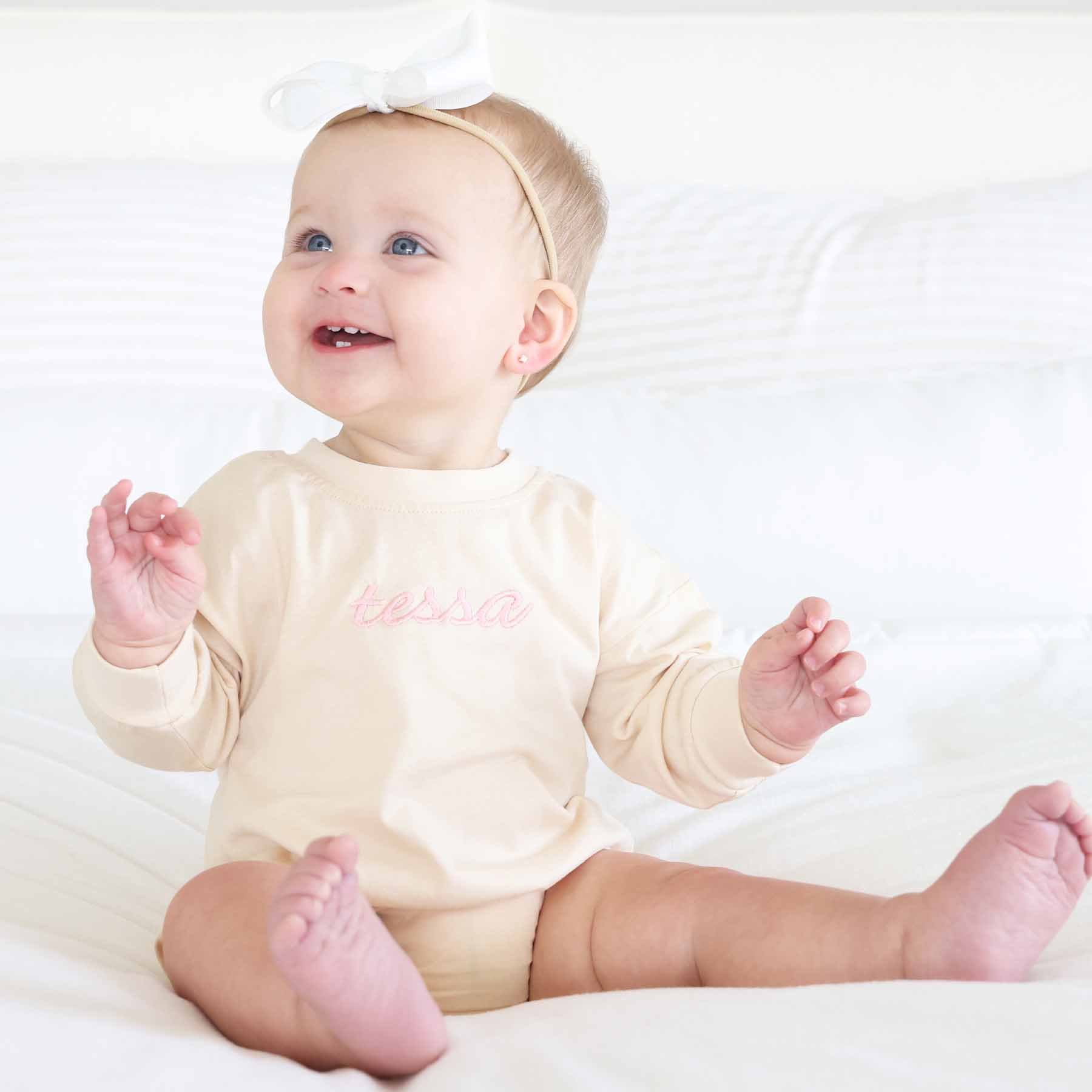  Personalized Script Name Long Sleeve Bubble Romper | Natural、mySite、layawaytickets