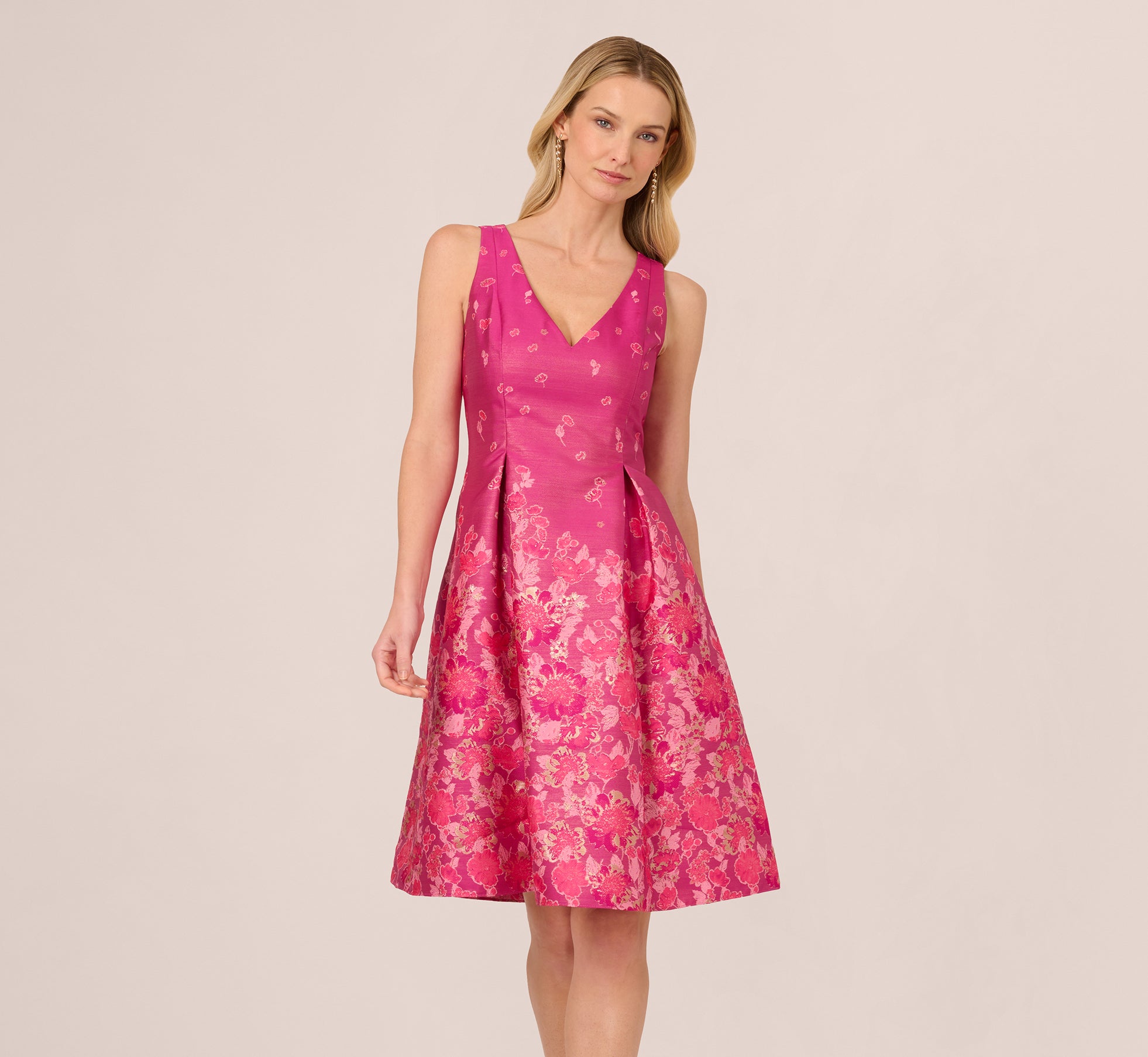 V Neck Floral Hem Jacquard Midi Dress In Pink Multi、mySite、solidvoid