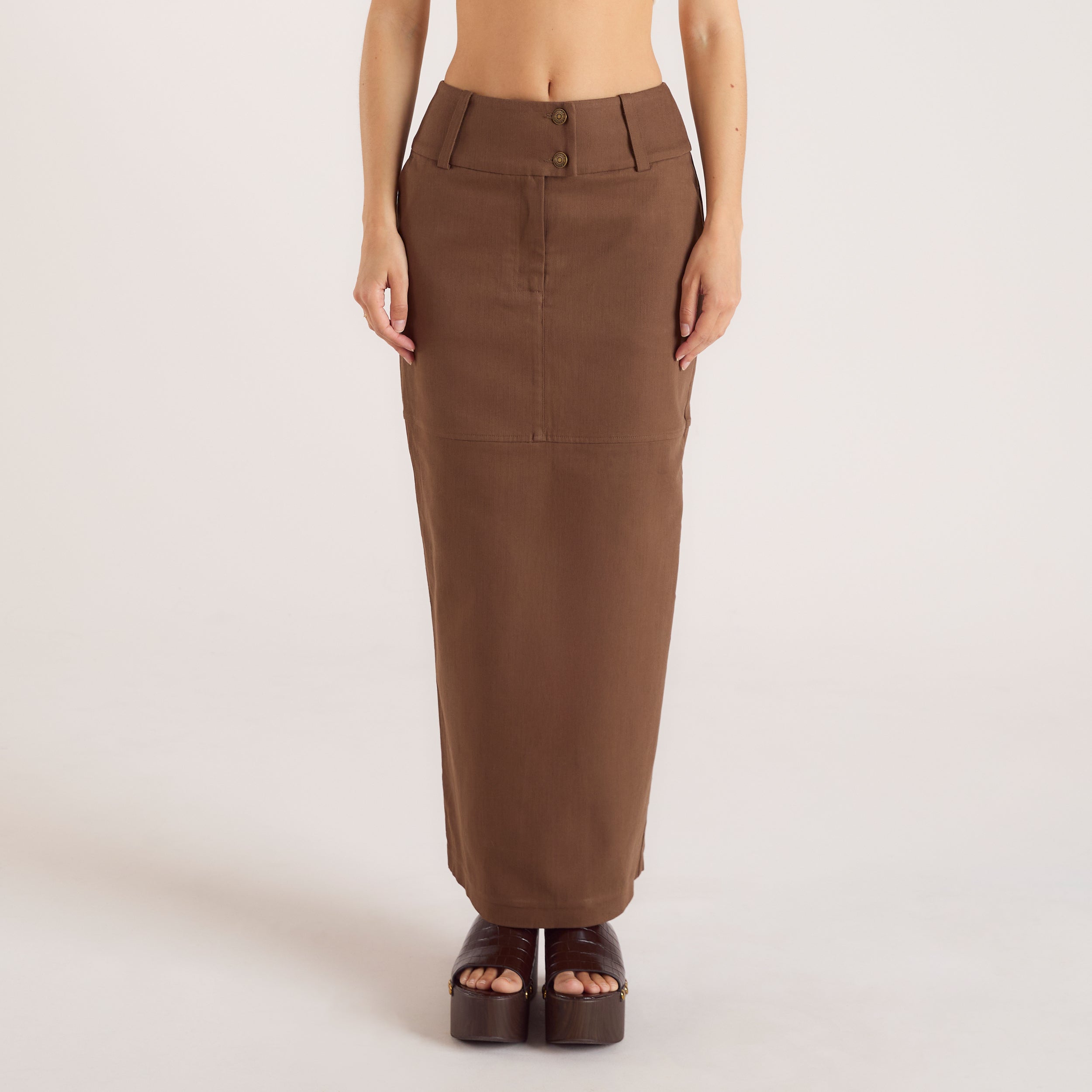 Double Button Woven Maxi Skirt - Chocolate、mySite、bengalsvssteelers