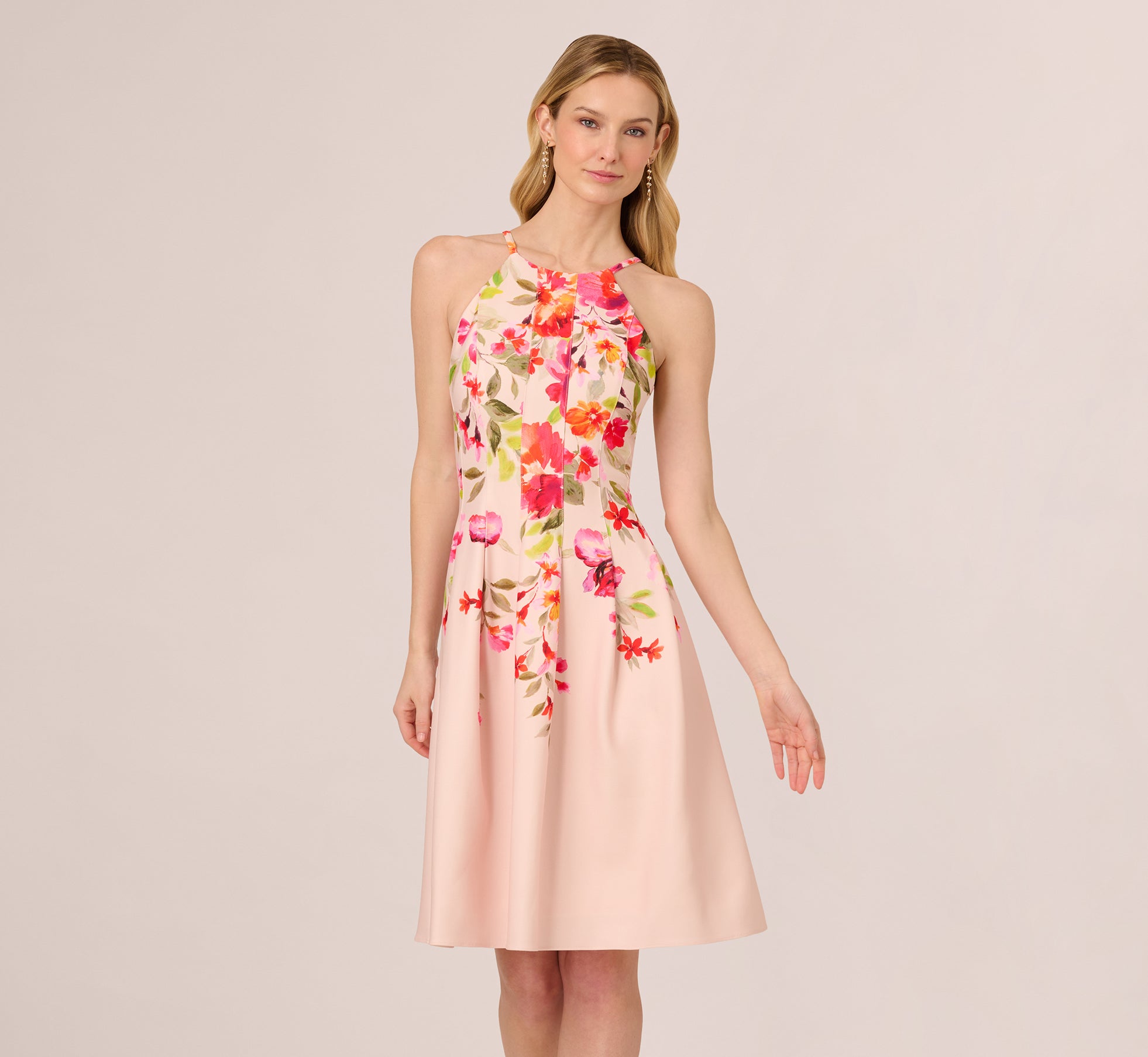 Floral Fit And Flare Halter Midi Dress In Champagne Multi、mySite、solidvoid