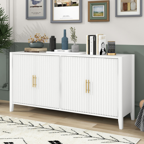 U_Style 63.1''Modern 4-Vertical Wavy Slatted Doors Sideboard,Storage Cabinet With Elegant Design, Solid Wood Legs with Painted,Metal Handles,for Dining Room,Living Room, Kitchen, or Entryway(Black)、、casual