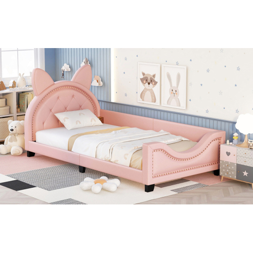 Twin Size Upholstered Daybed with Carton Ears Shaped Headboard, Pink、、casual