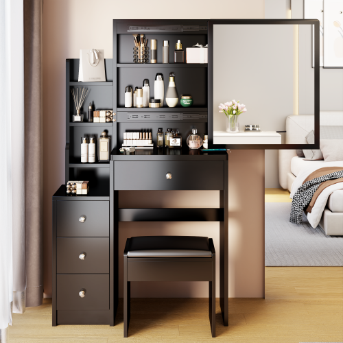 29.2" Small Size Left Bedside Cabinet Vanity Table + Cushioned Stool, Large Sliding, Touch Control, Tri-color Switching, Brightness Adjust LED Mirror, High Capacity Storage, Suitable for Small Space、、xpatfood