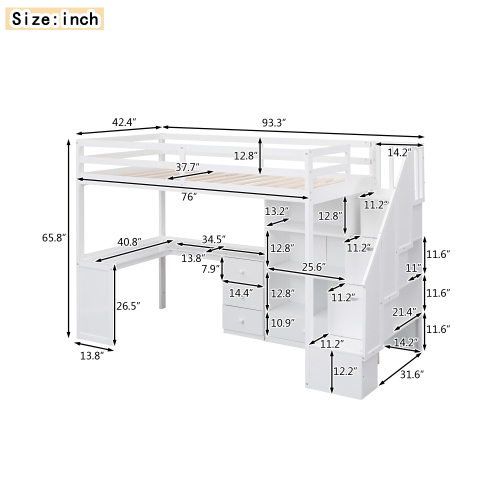 Twin Size Loft Bed with L-Shaped Desk and Drawers, Cabinet and Storage Staircase, White、、casual