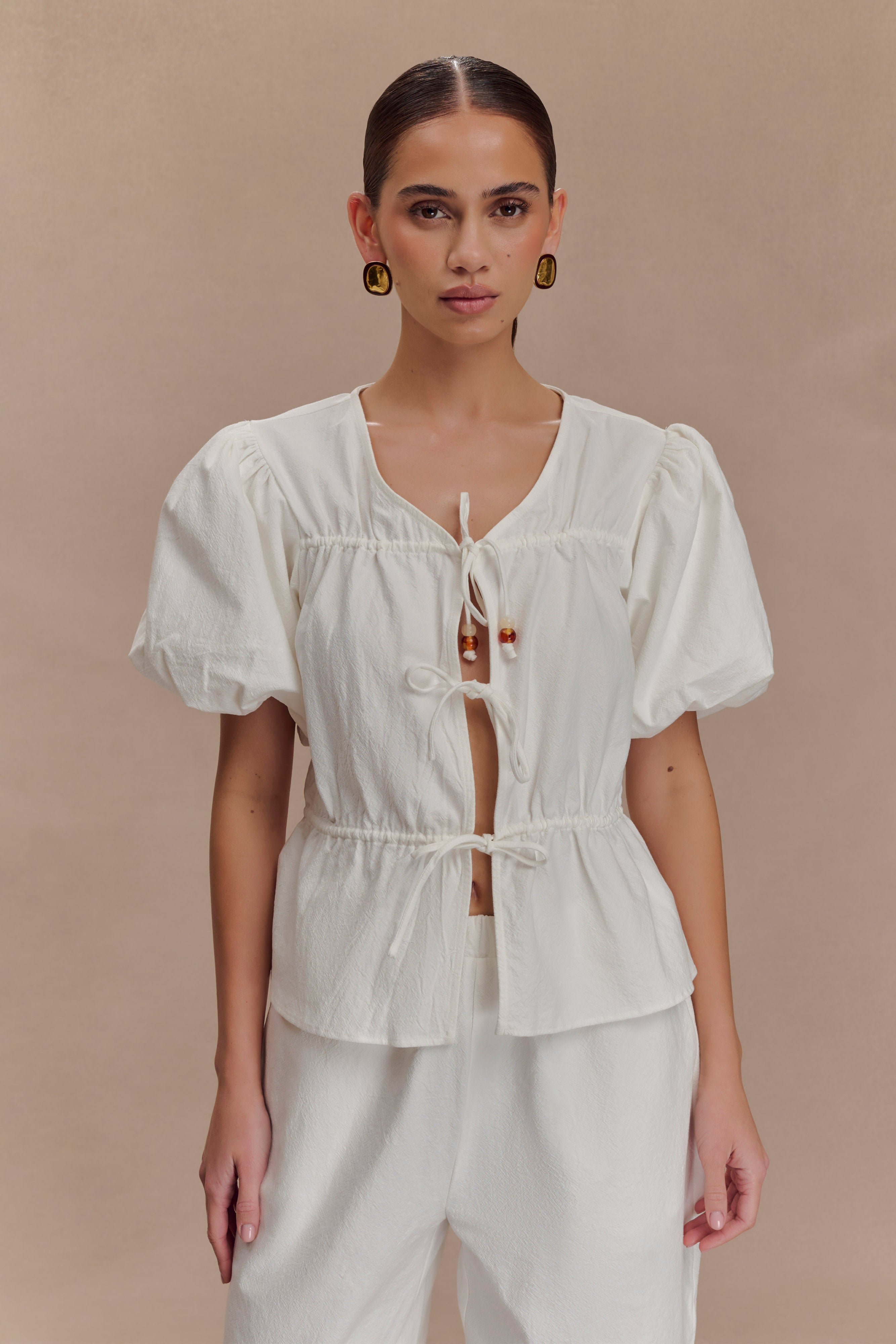 Emilie Puff Sleeve Cotton Top - White、mySite、solidvoid