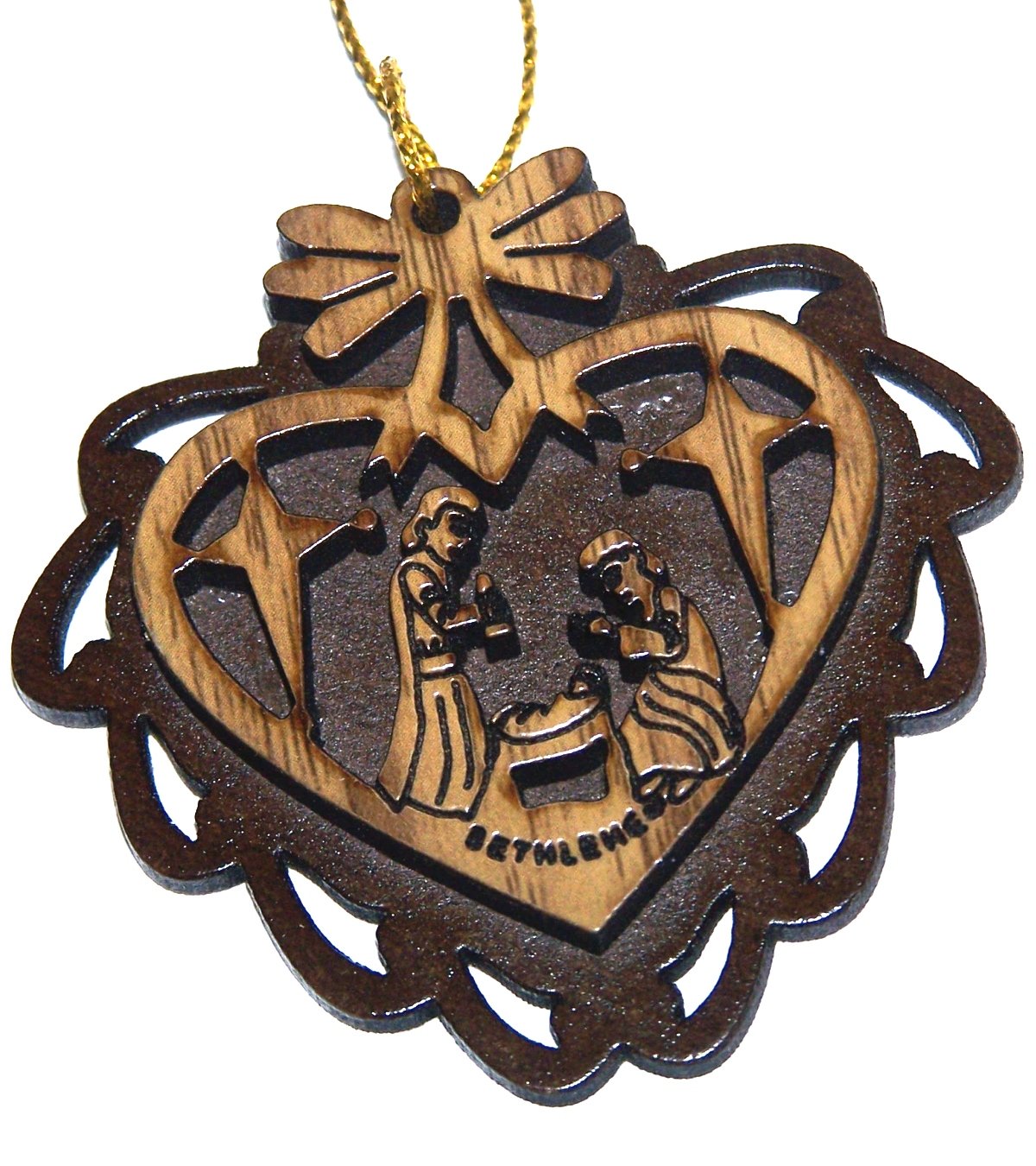  Two Layers Mahogany with Olive Wood Holy Family Nativity Scene Ornament Gift Carved by Laser - Olive Wood - Carved Inside Heart (5.5 cm or 2.2 inch with Certificate) and Gold String、mySite、elrpsem3k