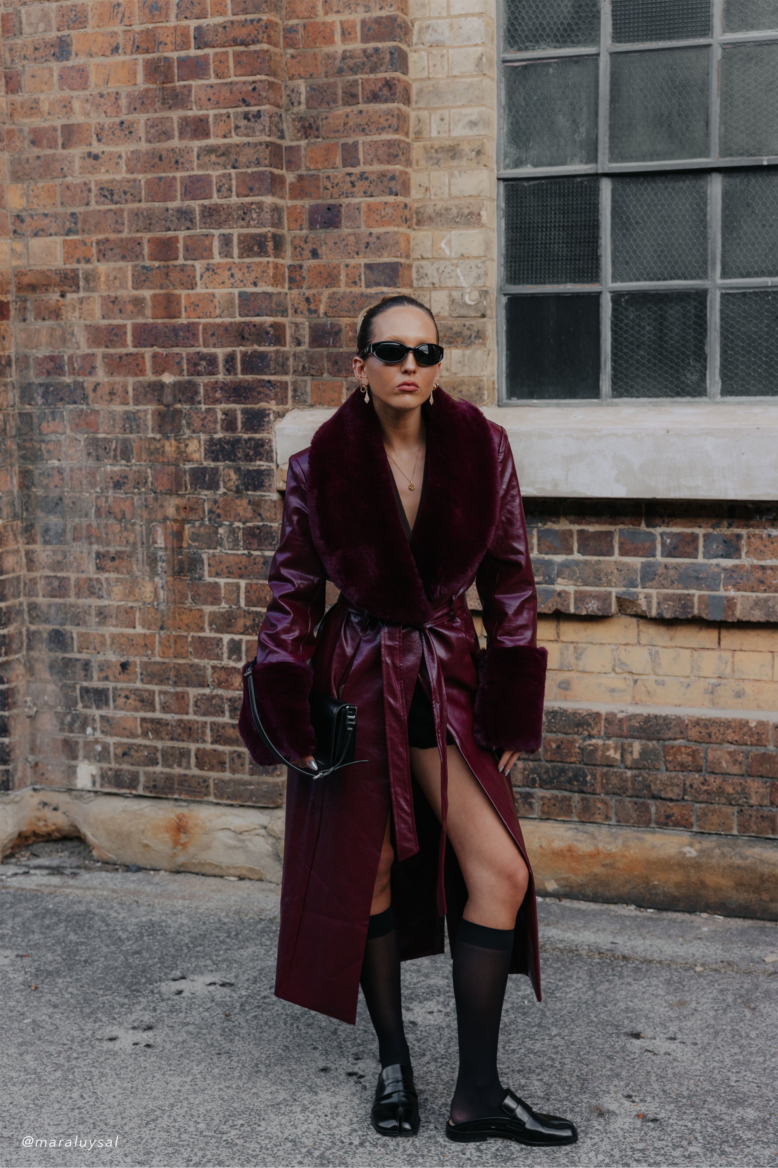 Bec Faux Leather Trench Coat With Faux Fur - Cherry Red、mySite、solidvoid