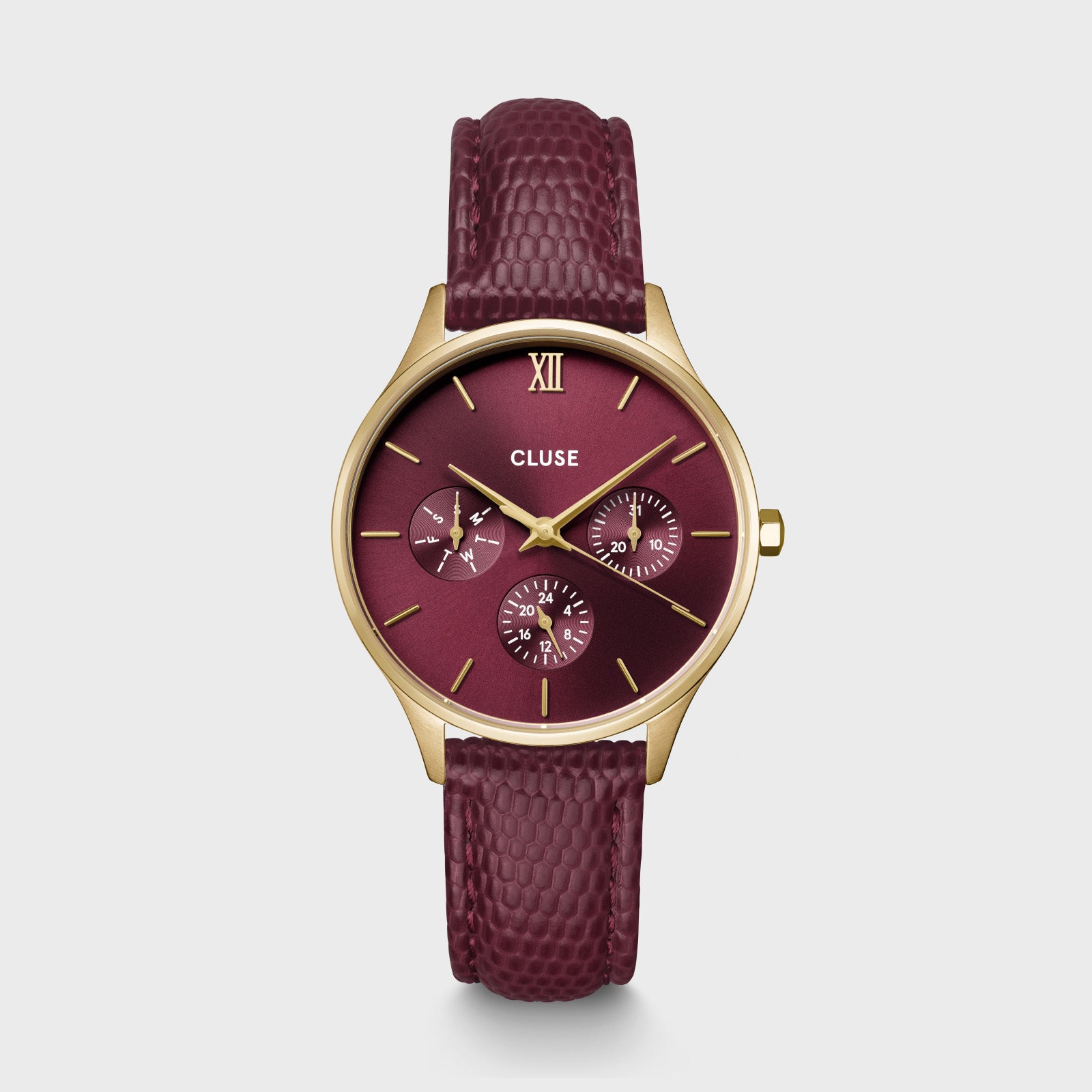 Minuit Multifunction Watch Leather, Dark Cherry Lizard, Gold Colour