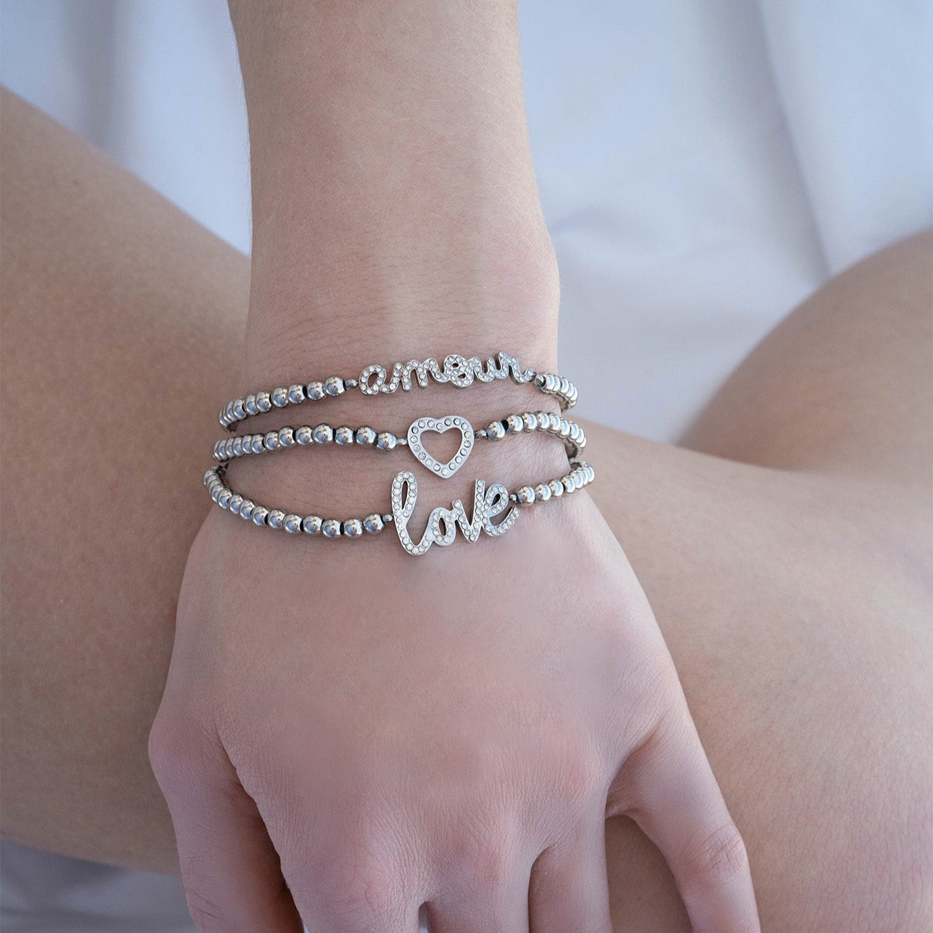 18K Gold PVD Stainless Steel Stone Heart Metal Beaded Stretch Bracelet / BRJ1016、mySite、dreamappss