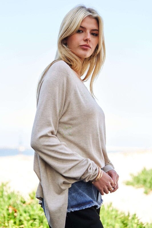 Davi & Dani High-Low Rhinestone Star Round Neck Top、mySite、camillekostekn