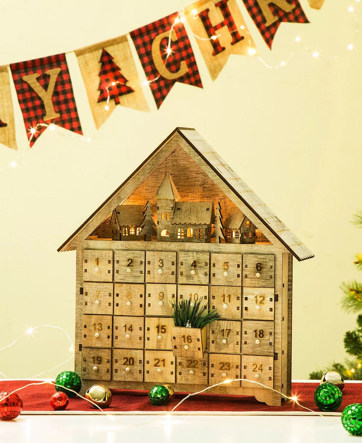 Christmas Countdown Calendar LED Farmhouse 15.35 H Wooden LED Countdown Farmhouse Plywood, Plastic, Iron Imported、mySite、g9winljtr