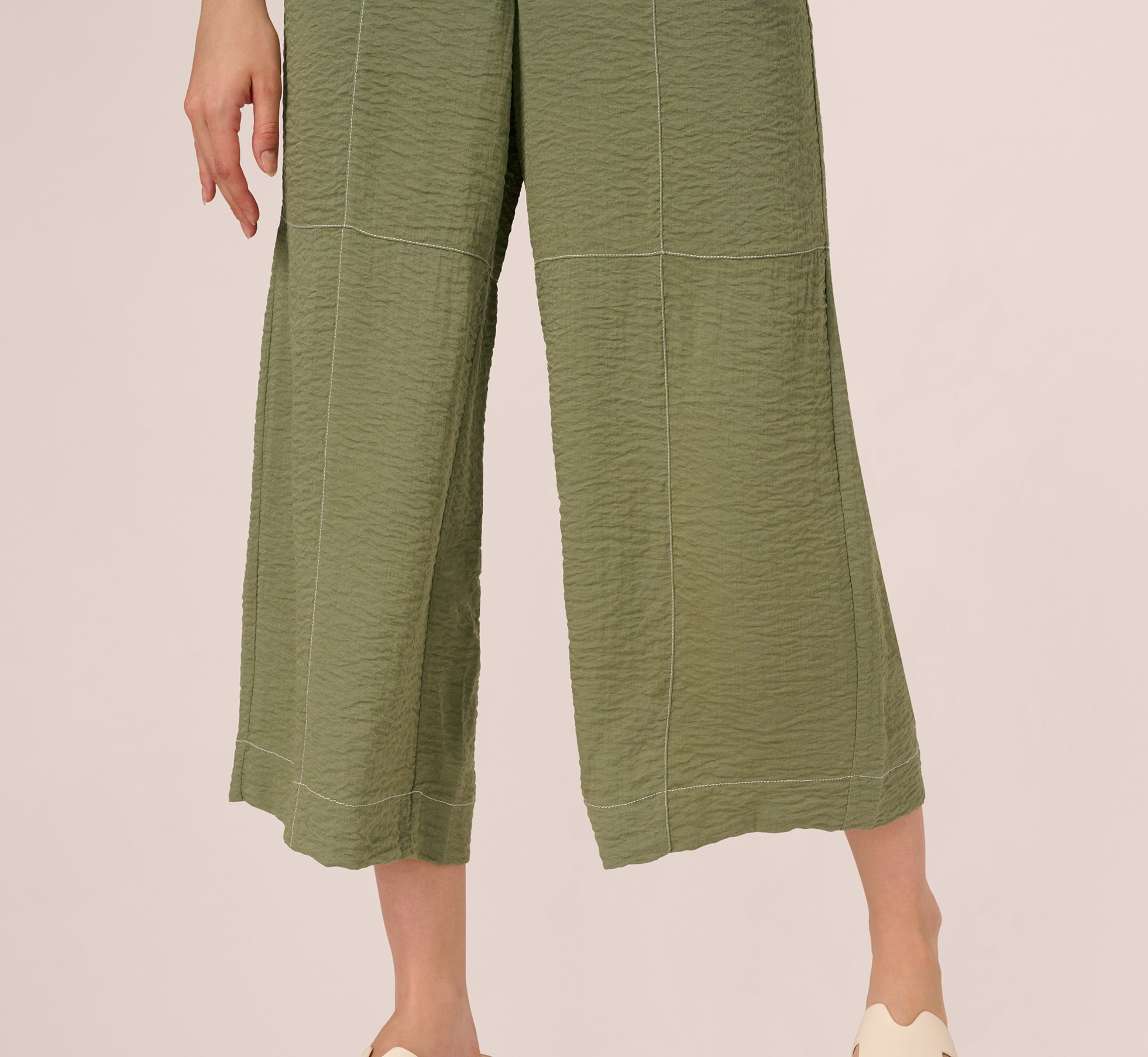 Contrast Stitching Crinkle Midi Pant In Oil Green Ivory、mySite、solidvoid