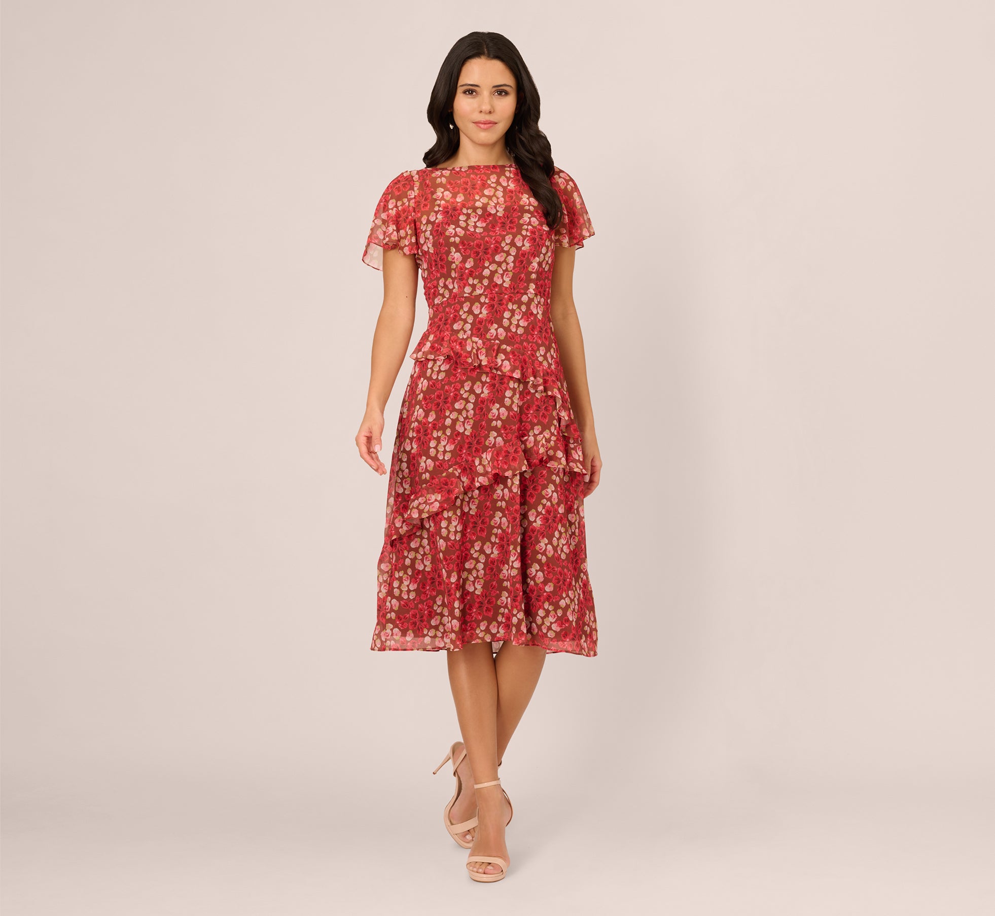 Flutter Sleeve Boat Neck Floral Chiffon Midi Dress In Mocha Multi、mySite、solidvoid