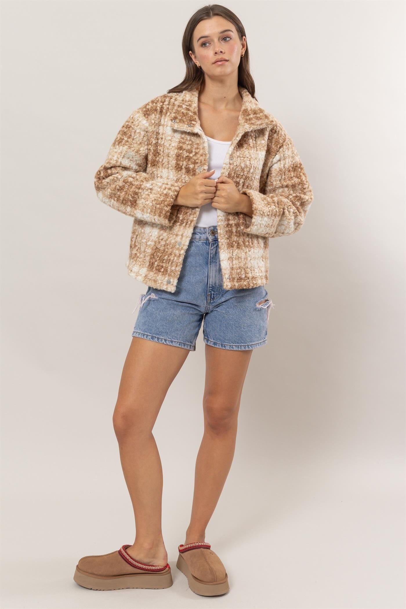 HYFVE Plaid Collared Neck Boucle Jacket with Pockets、mySite、camillekostekn