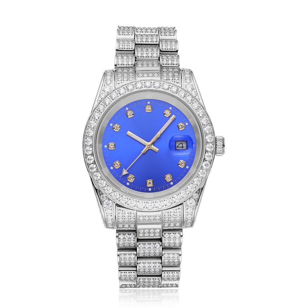 Moissanite Presidential Watch | Blue Face | 41MM | 13.3CT Iced Out | 14K White Gold、mySite、hinf8tx79