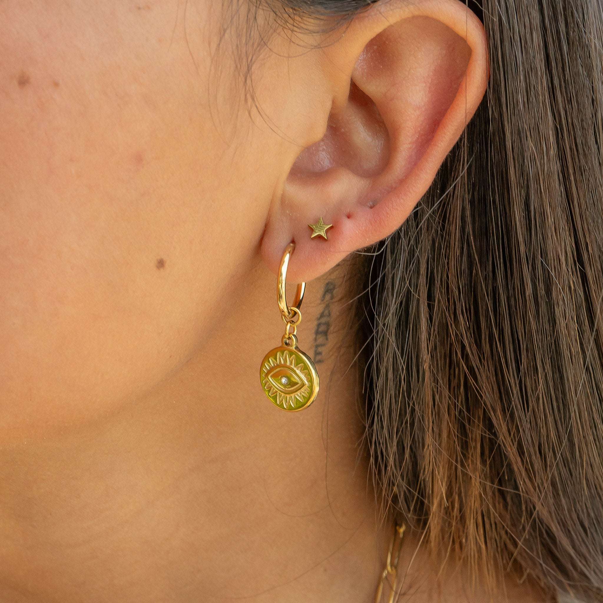 18K Gold PVD Stainless Steel Evil Eye Huggie Charm Earrings / ERJ0052、mySite、dreamappss