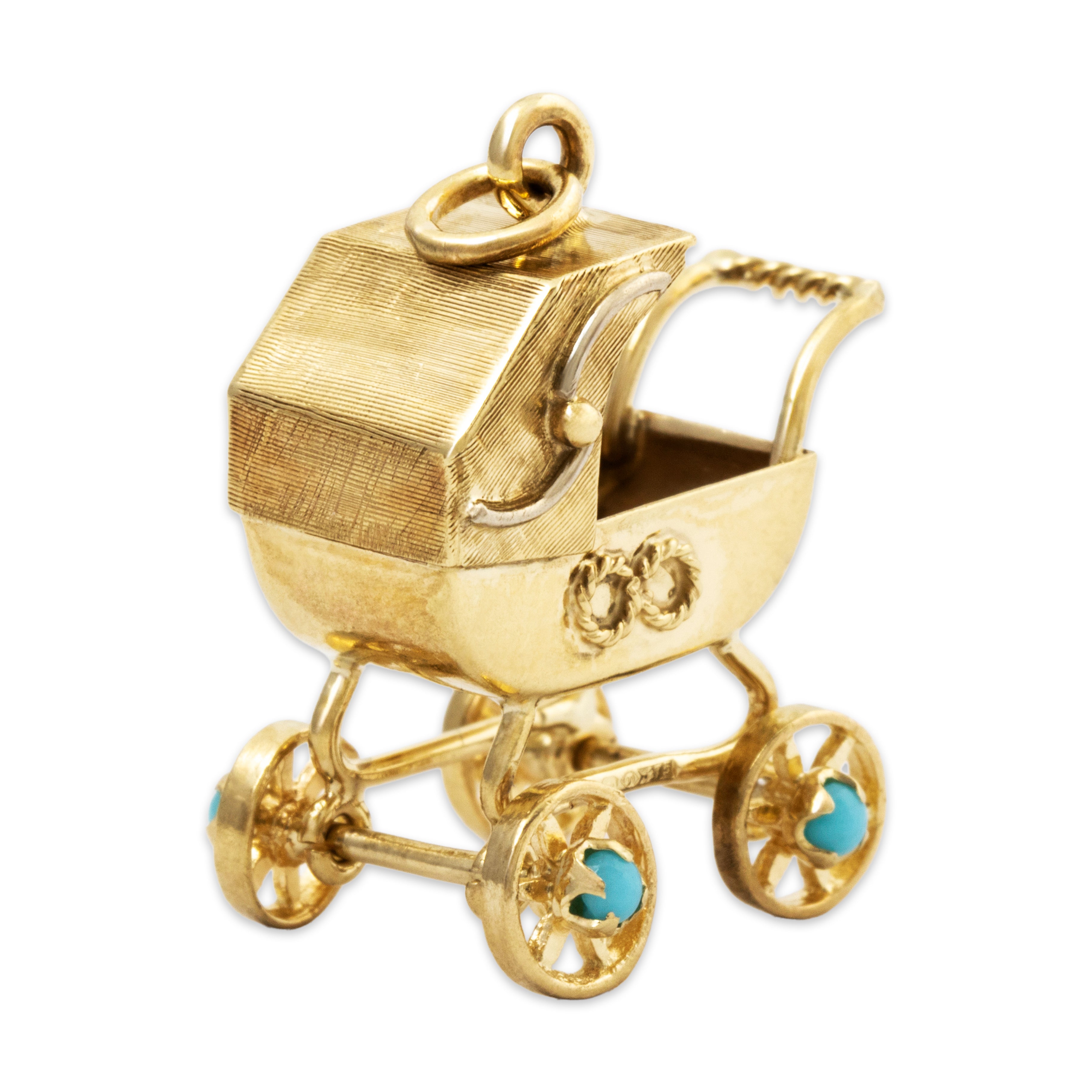 Vintage English 9k Yellow Gold Glass Cabochons Articulated Baby Carriage Charm、mySite、hinf8tx79