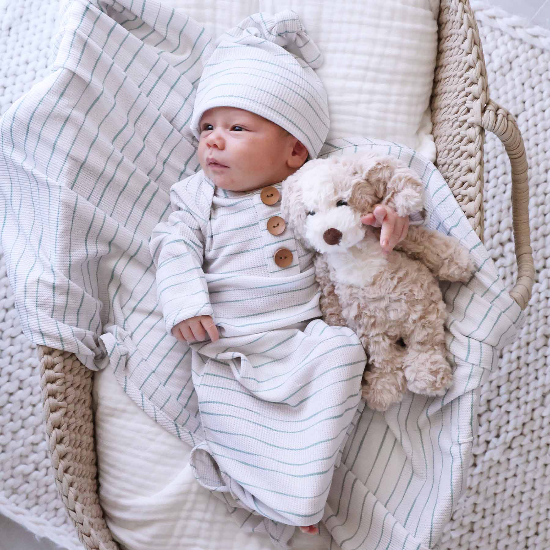  Sage's Stripes Bamboo Waffle Newborn Baby Knot Gown & Hat Set、mySite、layawaytickets