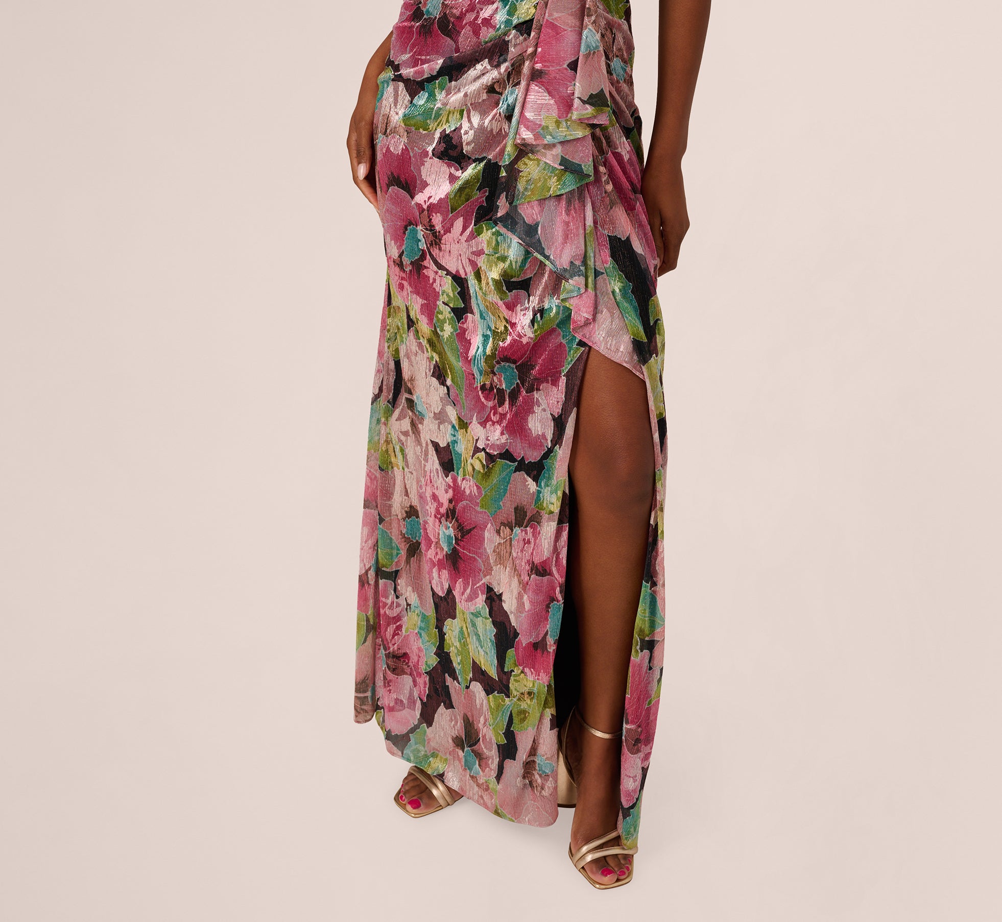 Sleeveless Asymmetrical Metallic Floral Gown In Navy Pink Multi、mySite、solidvoid