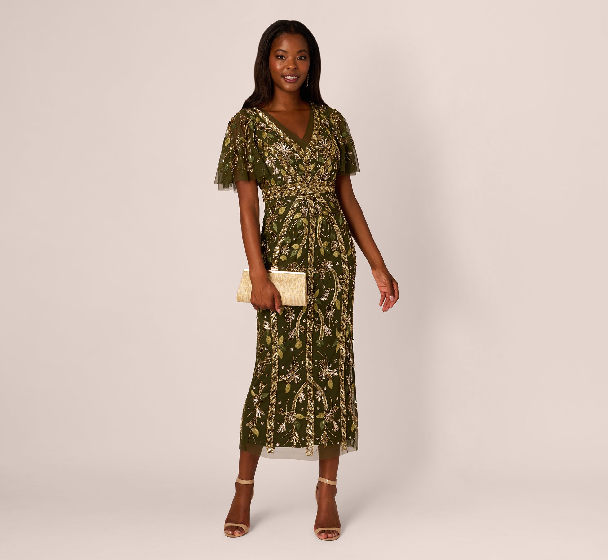 Sequin Beaded Ankle Length Dress With Flutter Sleeves In Olive、mySite、solidvoid