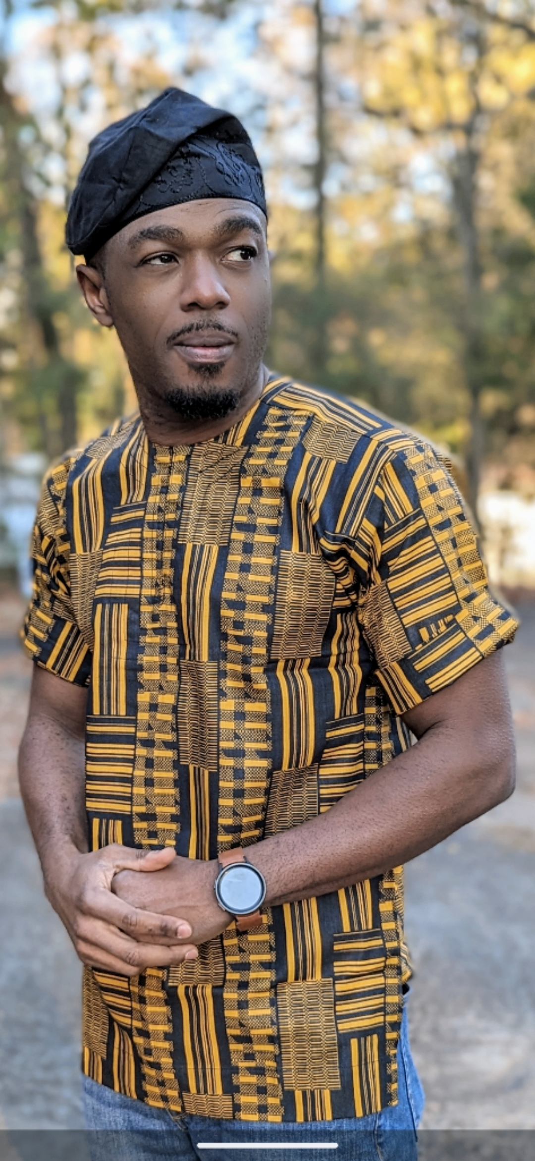 Akwaabah Black and Gold African print Kente short sleeve Dashiki shirt-DP4091M、mySite、solidvoid