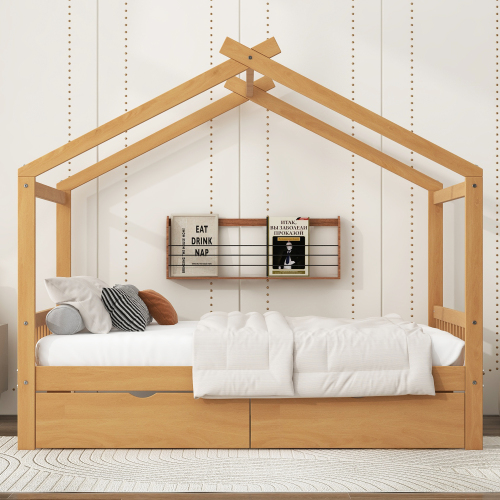 Twin Size House Platform Bed with Headboard and Footboard,Roof Design,Natural、、casual