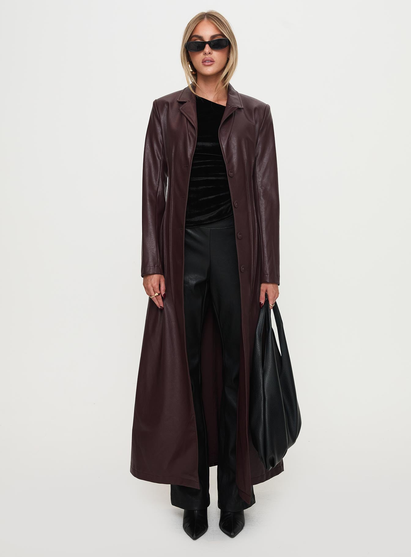 Speak Easy Long Line Faux Leather Coat Burgundy、mySite、solidvoid