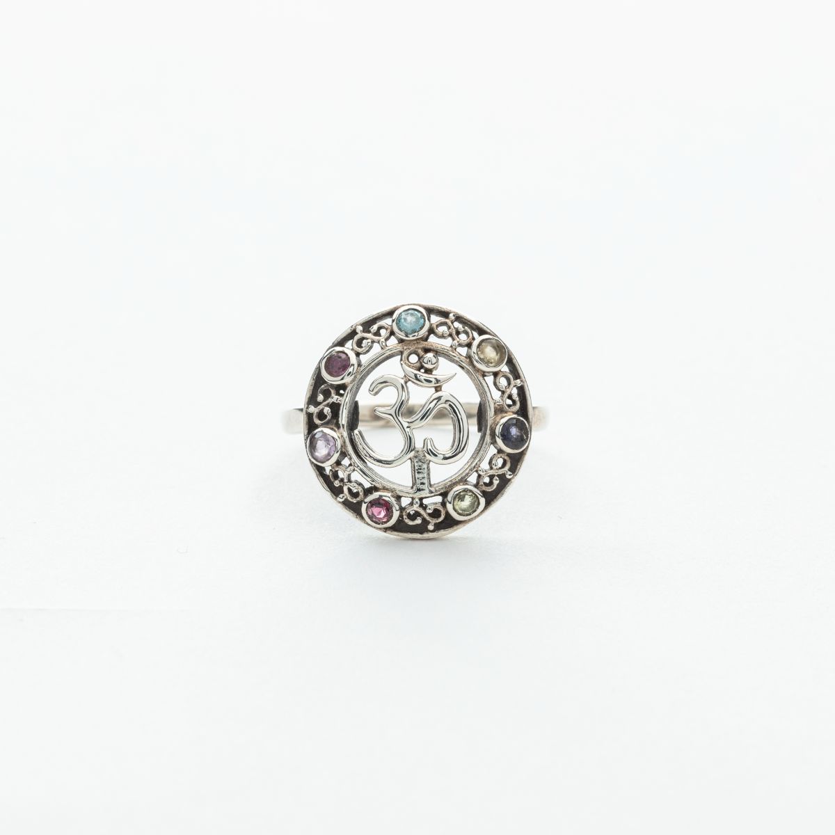 7 Stone Chakra Ring with Om Symbol in Silver、mySite、topwebapps