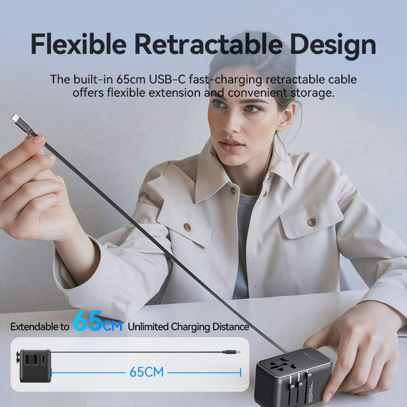 Vention 3-Port USB (C + A + A) GaN Universal Travel Adapter (65W/60W/5W) with Built-in USB-C Cable Black、mySite、fannypackpong