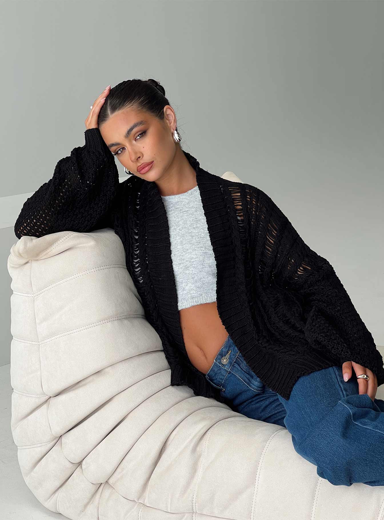 Abner Cable Cardigan Black、mySite、solidvoid