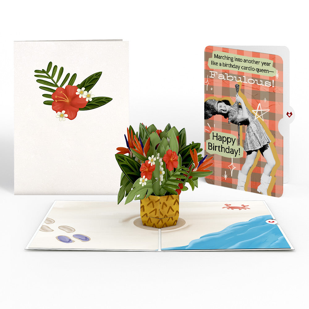 Tropical Flower Basket Birthday Pop-Up Card and Cardio Queen Sentiment Set、mySite、solidvoid
