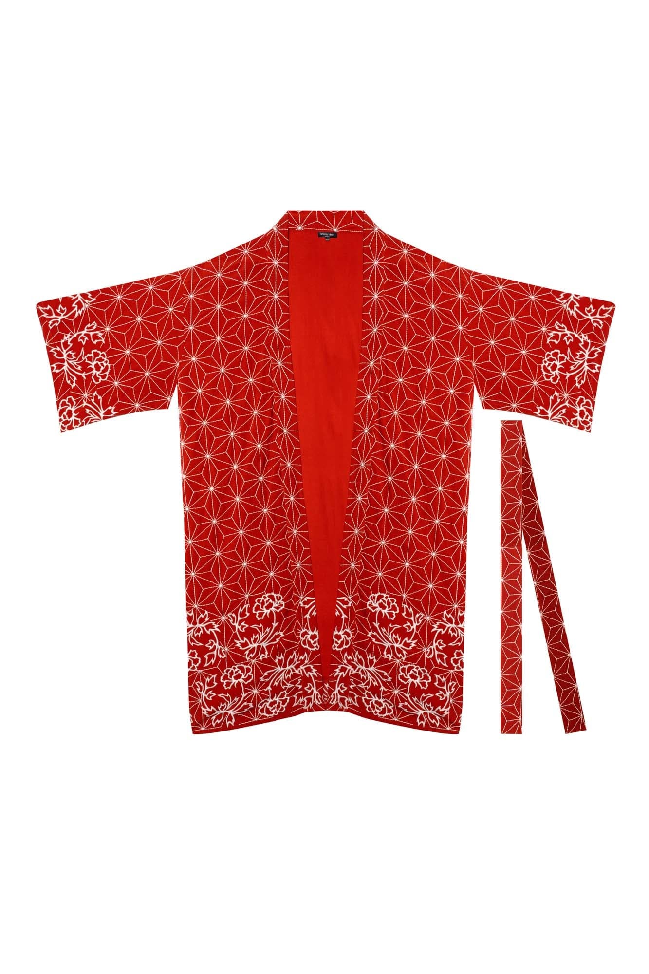 Asanoha & Peony Embroidered Fully Lined Terracotta Fully Lined Long Kimono、mySite、bengalsvssteelers