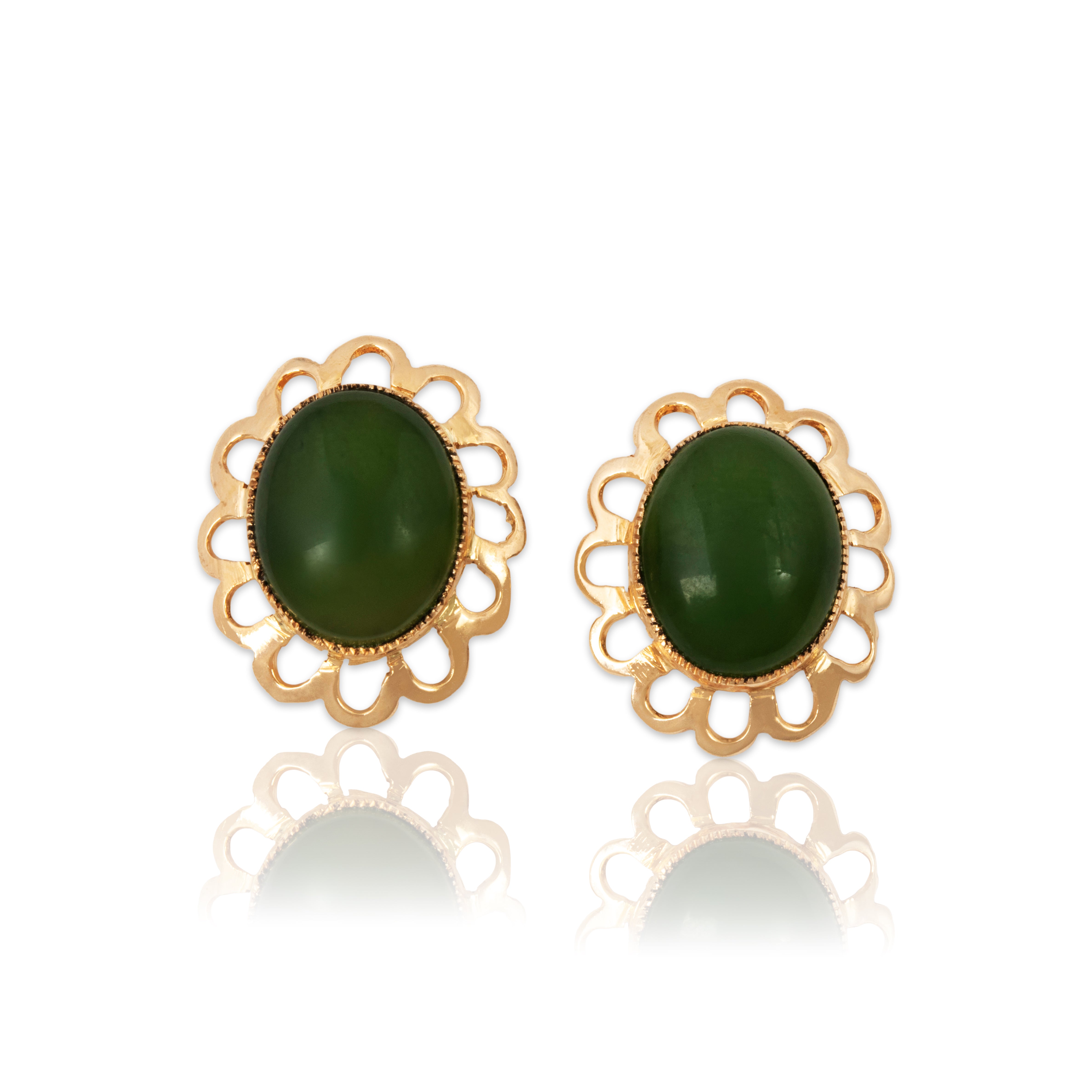 Vintage 10k Yellow Gold 4.4cttw Jade Delicate Border Stud Earrings、mySite、hinf8tx79