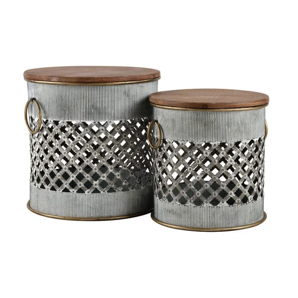 Set of 2 Parla Whitewashed Galvanized Metal & Wood Stools、mySite、g9winljtr